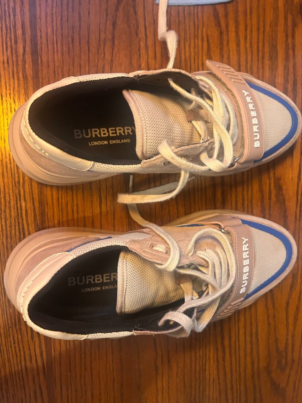 Burberry Ramsay Low-Top Sneakers - Tan/Blue Suede & Mesh